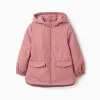 Padded rubber parka with hood and floral print for girls, pink