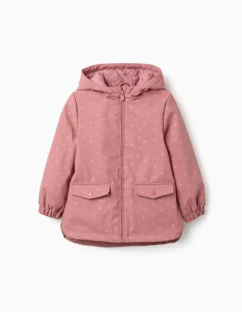 Padded rubber parka with hood and floral print for girls, pink