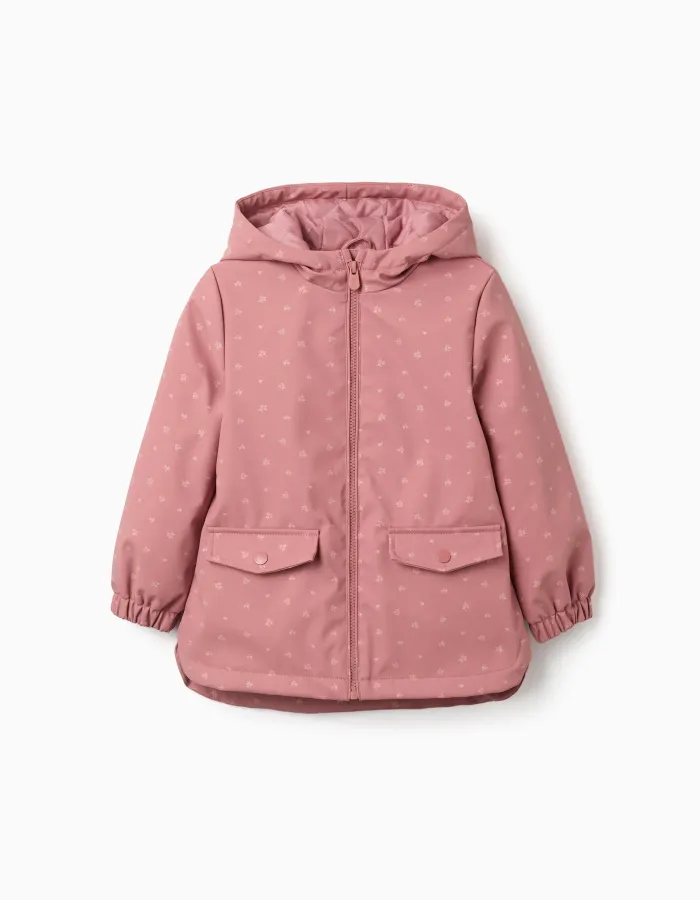 Padded rubber parka with hood and floral print for girls, pink