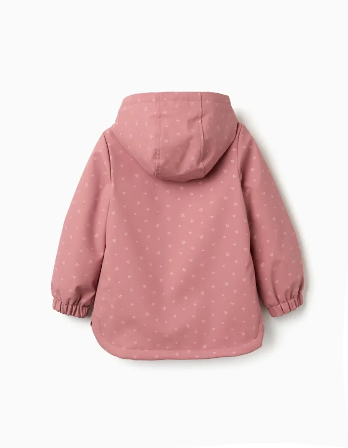 Padded rubber parka with hood and floral print for girls, pink