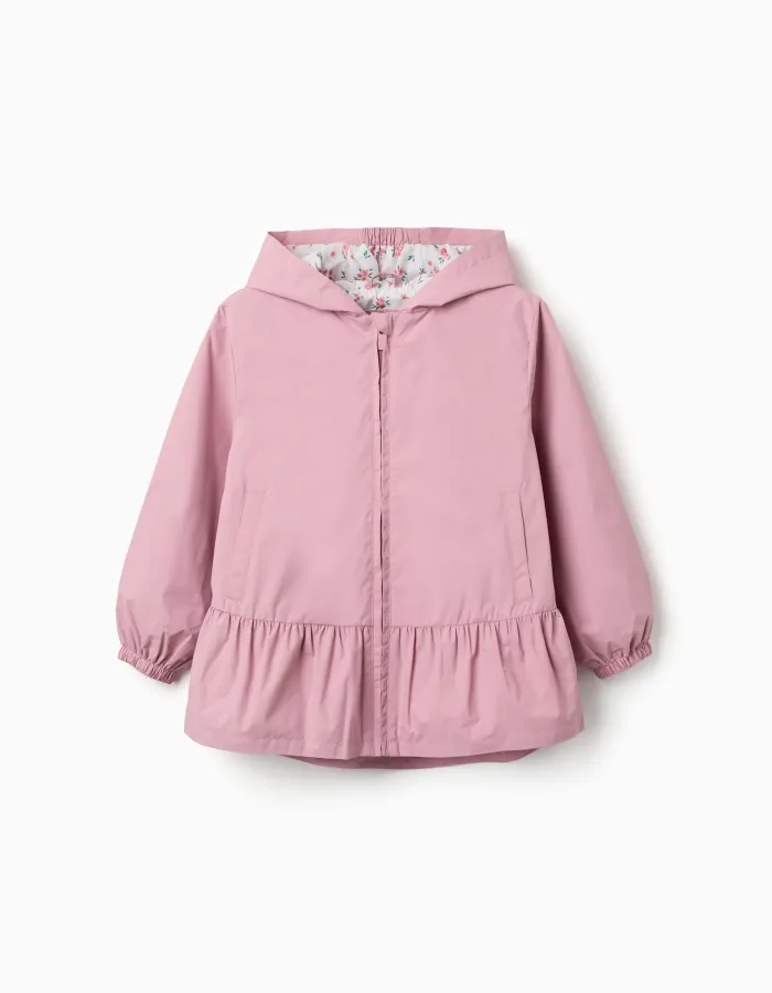 Hooded windbreaker with ruffled hem and lining for girls, pink