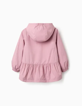 Hooded windbreaker with ruffled hem and lining for girls, pink