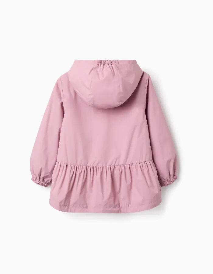 Hooded windbreaker with ruffled hem and lining for girls, pink