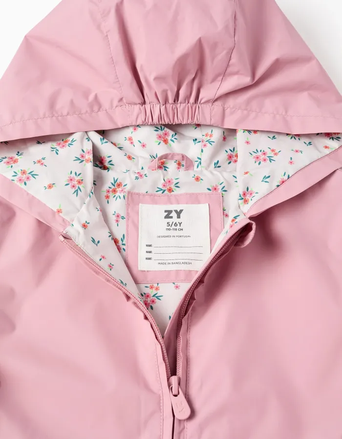 Hooded windbreaker with ruffled hem and lining for girls, pink
