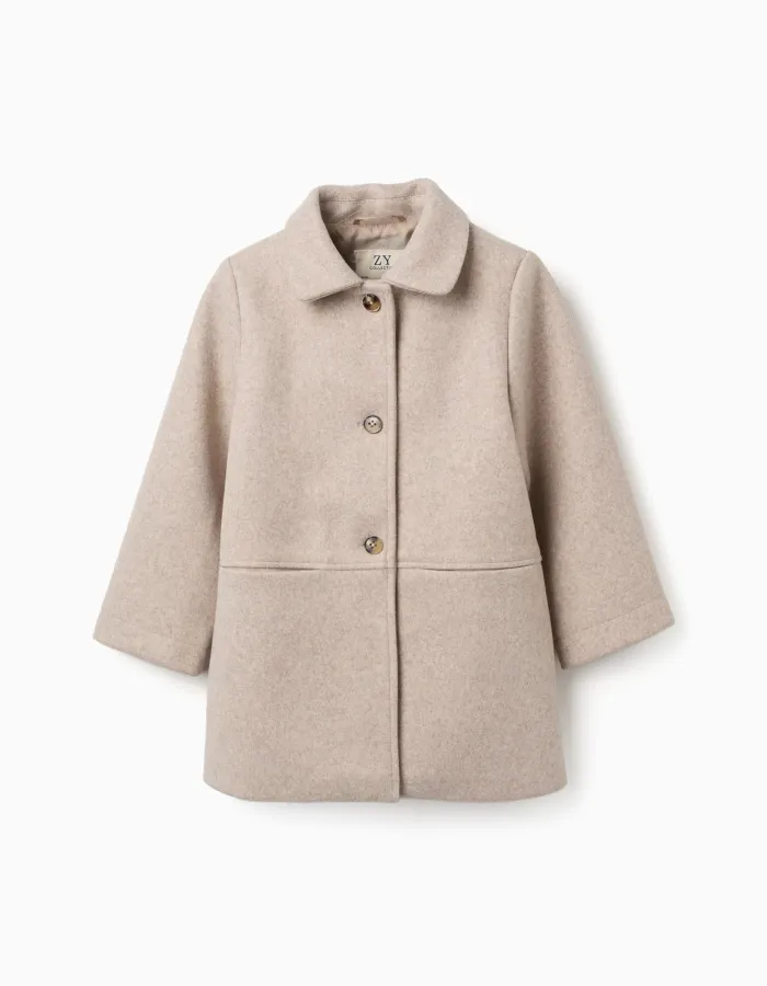Wool effect coat with lining B&S for girls, beige