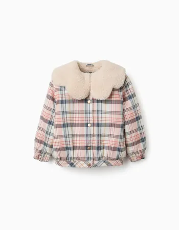 Checked jacket with sherpa collar and lining for girls, multicolour