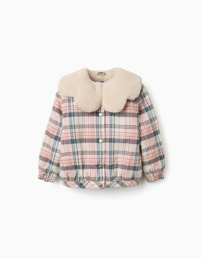 Checked jacket with sherpa collar and lining for girls, multicolour