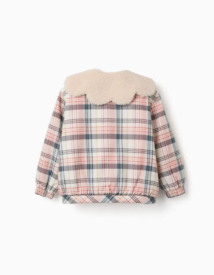 Checked jacket with sherpa collar and lining for girls, multicolour