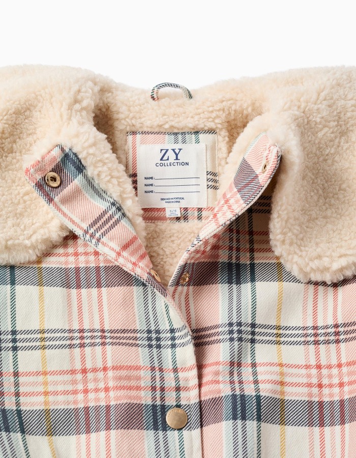 Checked jacket with sherpa collar and lining for girls, multicolour