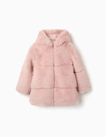Hooded plush coat with lining for girls, pink