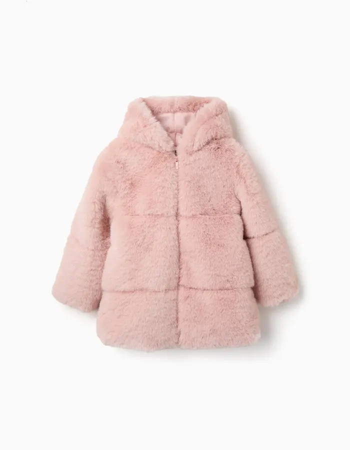 Hooded plush coat with lining for girls, pink