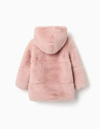 Hooded plush coat with lining for girls, pink