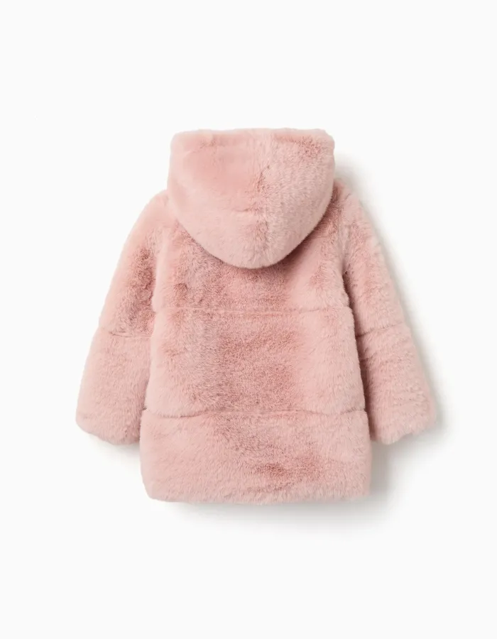 Hooded plush coat with lining for girls, pink