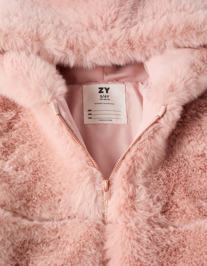 Hooded plush coat with lining for girls, pink