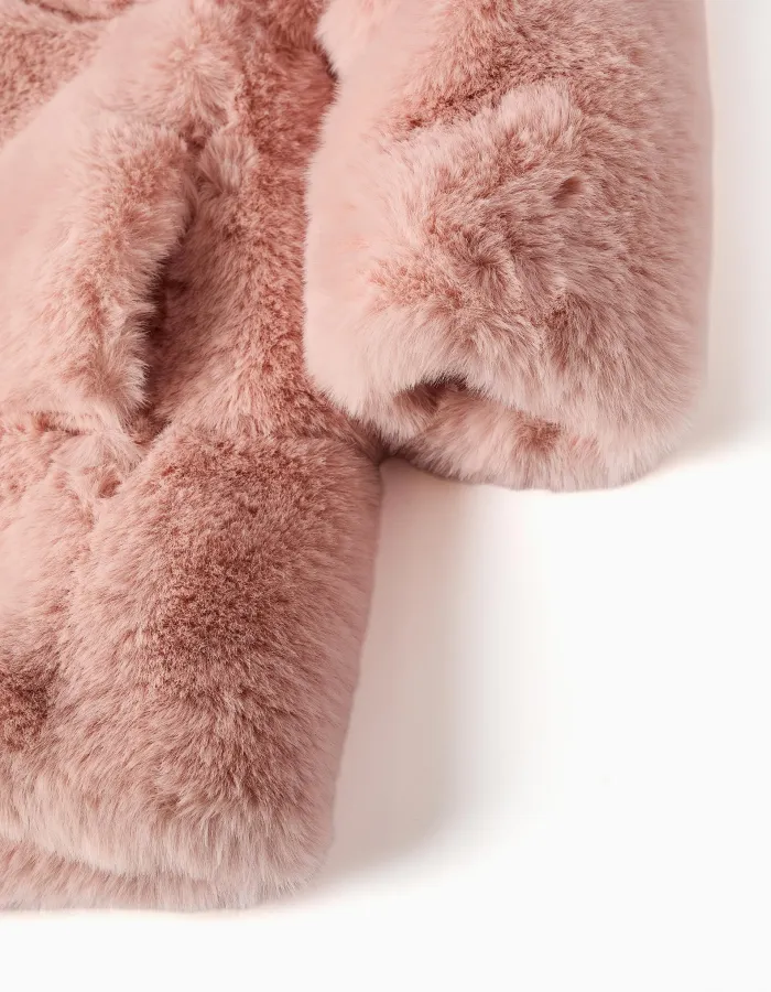 Hooded plush coat with lining for girls, pink
