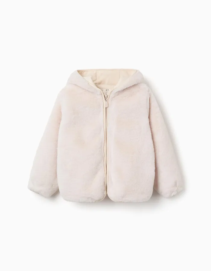 Hooded plush jacket with pockets for girls, light beige
