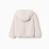 Hooded plush jacket with pockets for girls, light beige