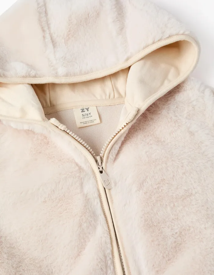 Hooded plush jacket with pockets for girls, light beige