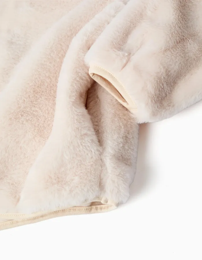 Hooded plush jacket with pockets for girls, light beige