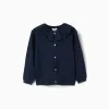 Knitted jacket with ruffled collar for girls, navy blue