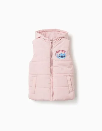 Hooded puffer vest with Stitch prints for girls, light pink