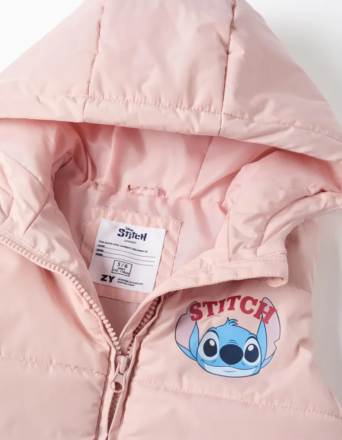 Hooded puffer vest with Stitch prints for girls, light pink