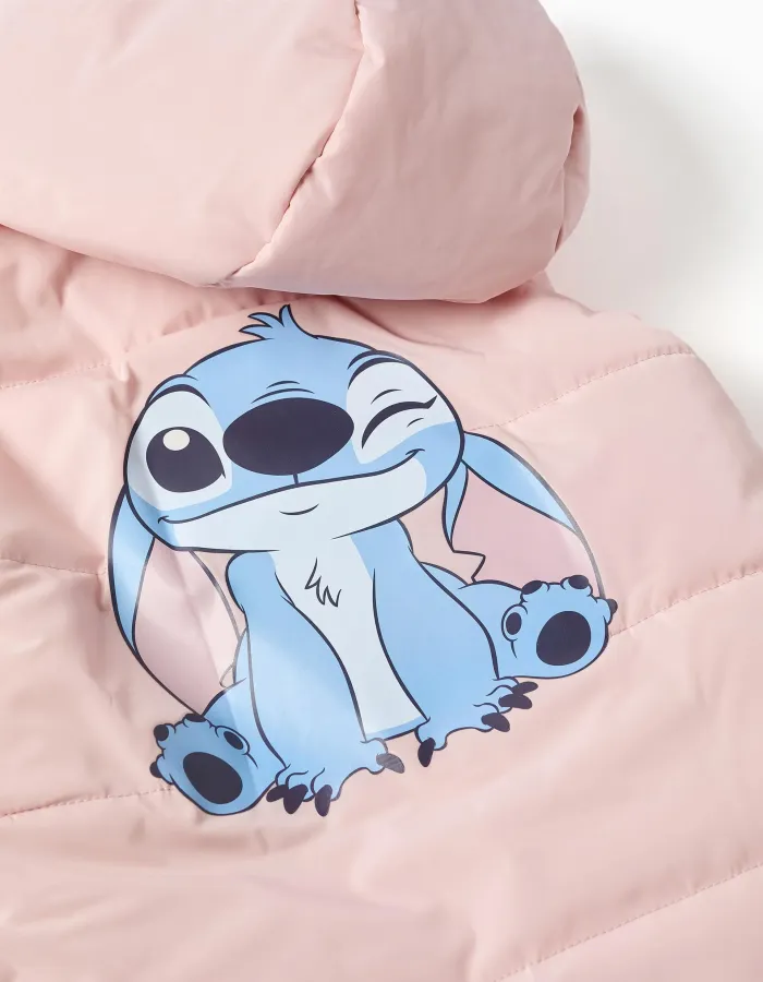 Hooded puffer vest with Stitch prints for girls, light pink