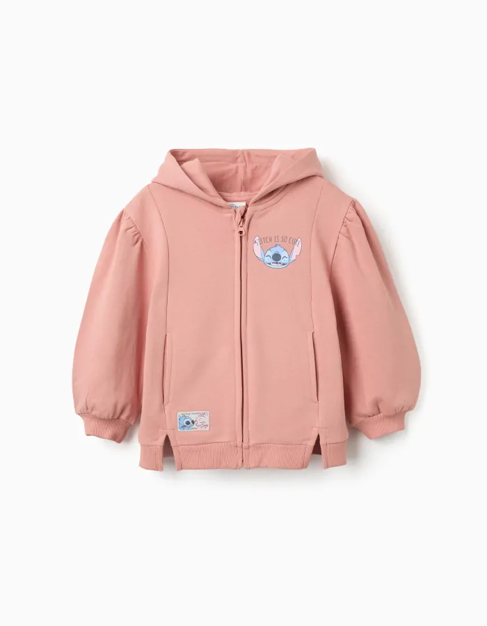 Brushed fleece jacket with hood and Stitch prints for girls, pink