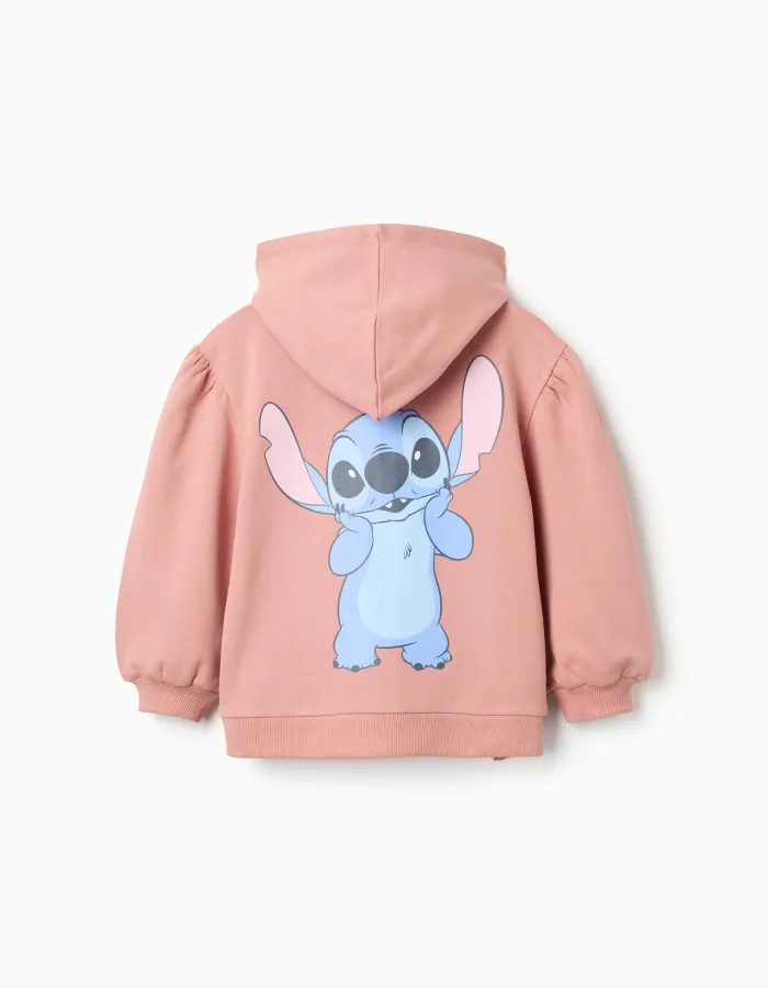 Brushed fleece jacket with hood and Stitch prints for girls, pink