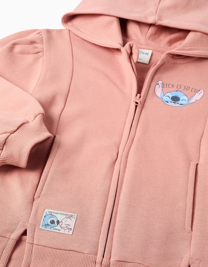Brushed fleece jacket with hood and Stitch prints for girls, pink