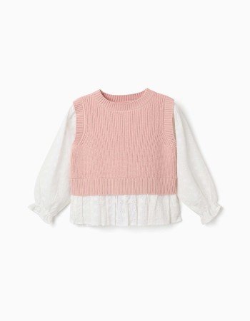 Dual-fabric jumper for girls, white/light pink