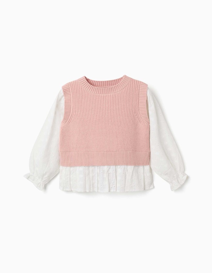 Dual-fabric jumper for girls, white/light pink