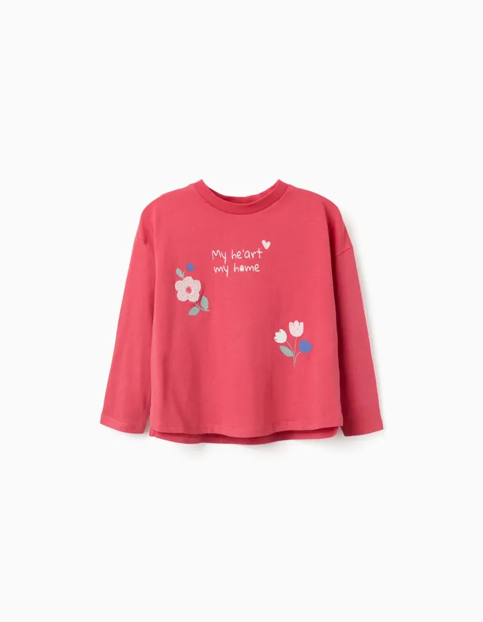 Long sleeve cotton T-shirt with flowers print for girls, red
