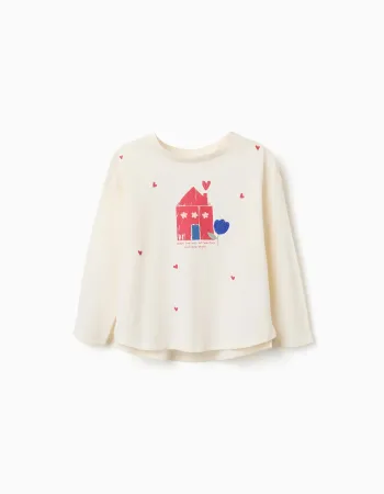 Long sleeve cotton T-shirt with house print for girls, white