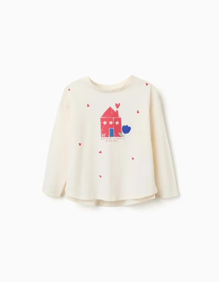 Long sleeve cotton T-shirt with house print for girls, white