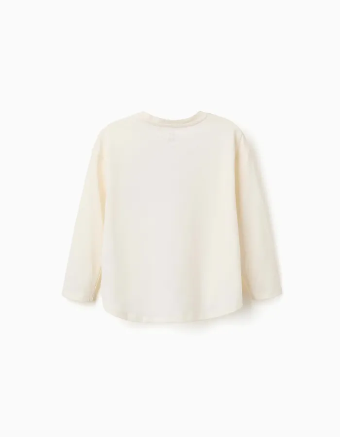 Long sleeve cotton T-shirt with house print for girls, white