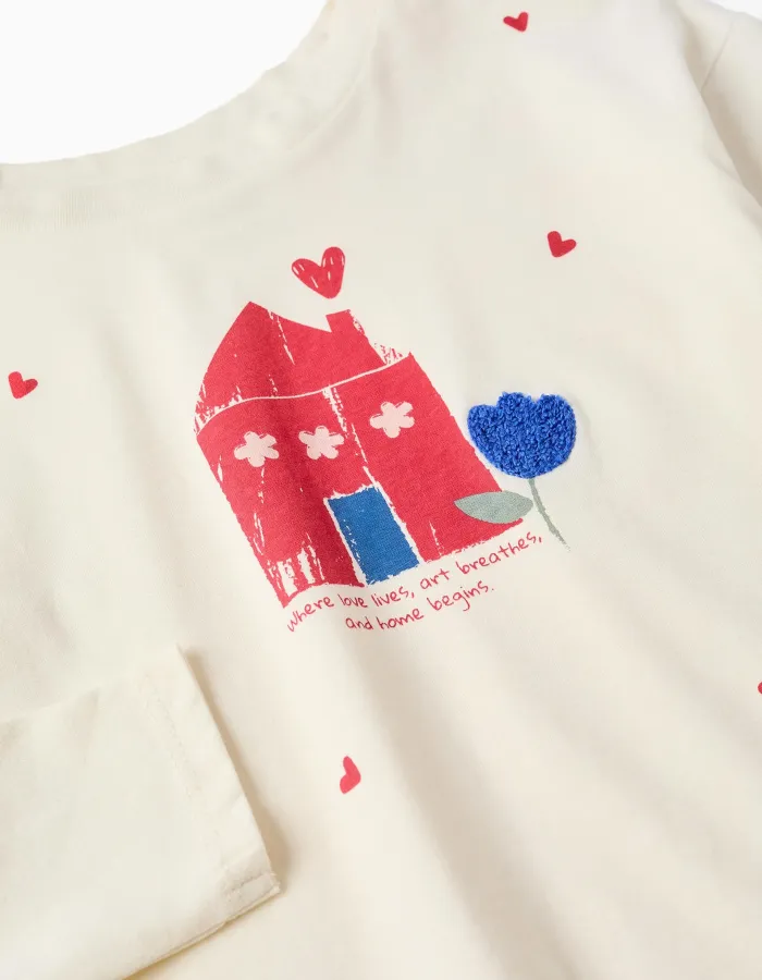 Long sleeve cotton T-shirt with house print for girls, white