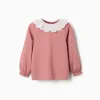 Long sleeve T-shirt with broderie anglaise collar for girls, pink