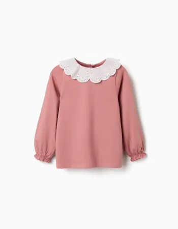 Long sleeve T-shirt with broderie anglaise collar for girls, pink