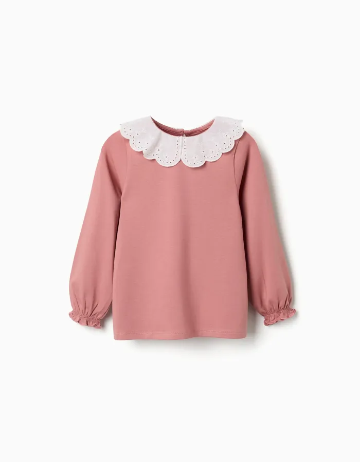 Long sleeve T-shirt with broderie anglaise collar for girls, pink