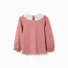 Long sleeve T-shirt with broderie anglaise collar for girls, pink
