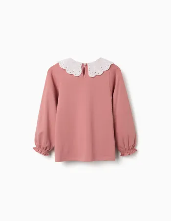 Long sleeve T-shirt with broderie anglaise collar for girls, pink