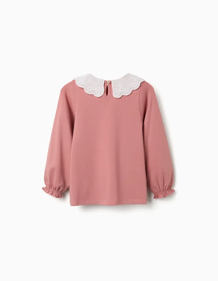 Long sleeve T-shirt with broderie anglaise collar for girls, pink