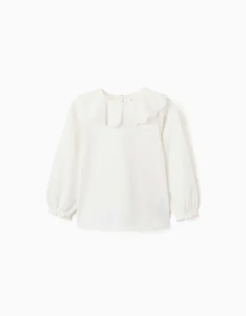 Long sleeve T-shirt with broderie anglaise collar for girls, white