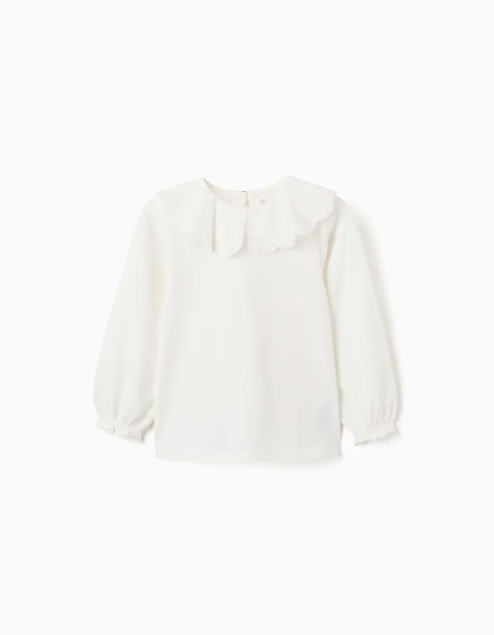 Long sleeve T-shirt with broderie anglaise collar for girls, white