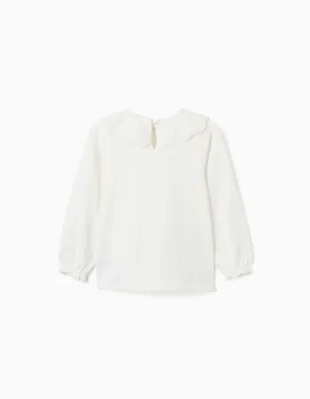 Long sleeve T-shirt with broderie anglaise collar for girls, white