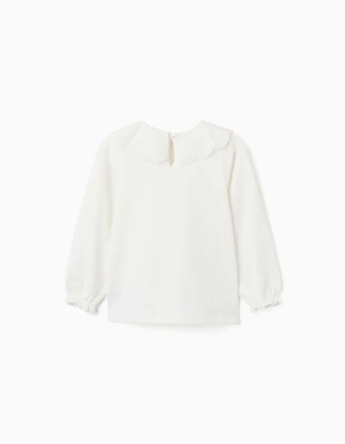 Long sleeve T-shirt with broderie anglaise collar for girls, white