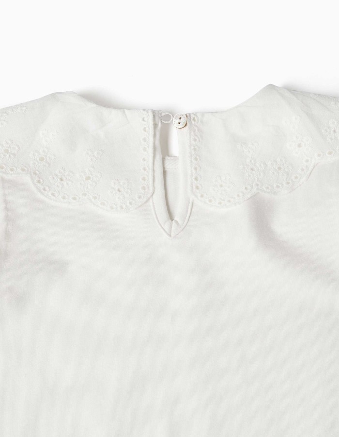 Long sleeve T-shirt with broderie anglaise collar for girls, white