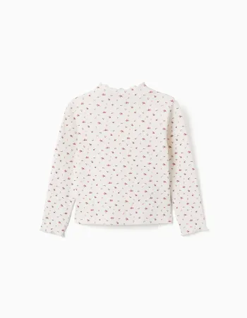 Long sleeve ribbed T-shirt with floral pattern for girls, white