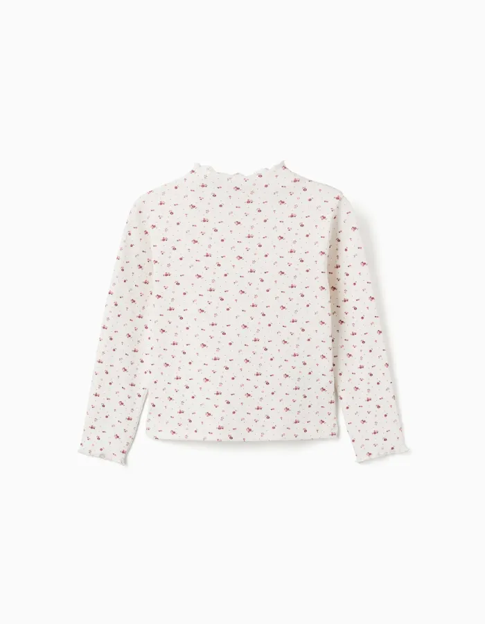 Long sleeve ribbed T-shirt with floral pattern for girls, white